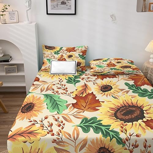 Miniatura 2 de Sábanas de girasol, tamaño King, hojas de otoño, sábanas y fundas de almohada estampadas, juego de 4 piezas, sábana bajera ajustable de microfibra