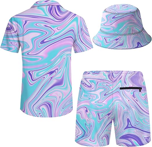 Set Tuta Estiva Uomo 2 Pezzi Con Camicia Hawaiana E Pantaloncini - Motivi Funghi Psichedelici Colorati - Con Cappello A Secchiello - Taglia X-Large