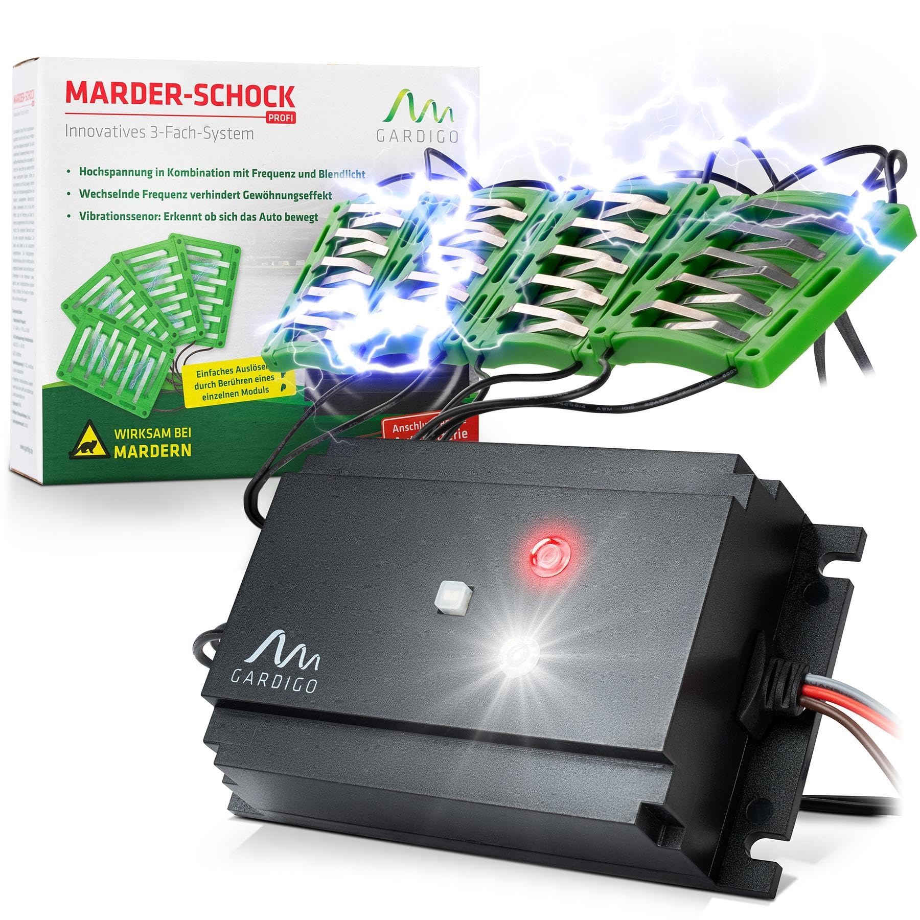 Gardigo® Repellente per Martore Auto con Scossa Elettrica, Tripla Protezione con Ultrasuoni, Luce Flash e Scossa Elettrica, Scaccia Roditori, Donnole, Martore, Procioni dal Vano Motore 400V | 12-24kHz