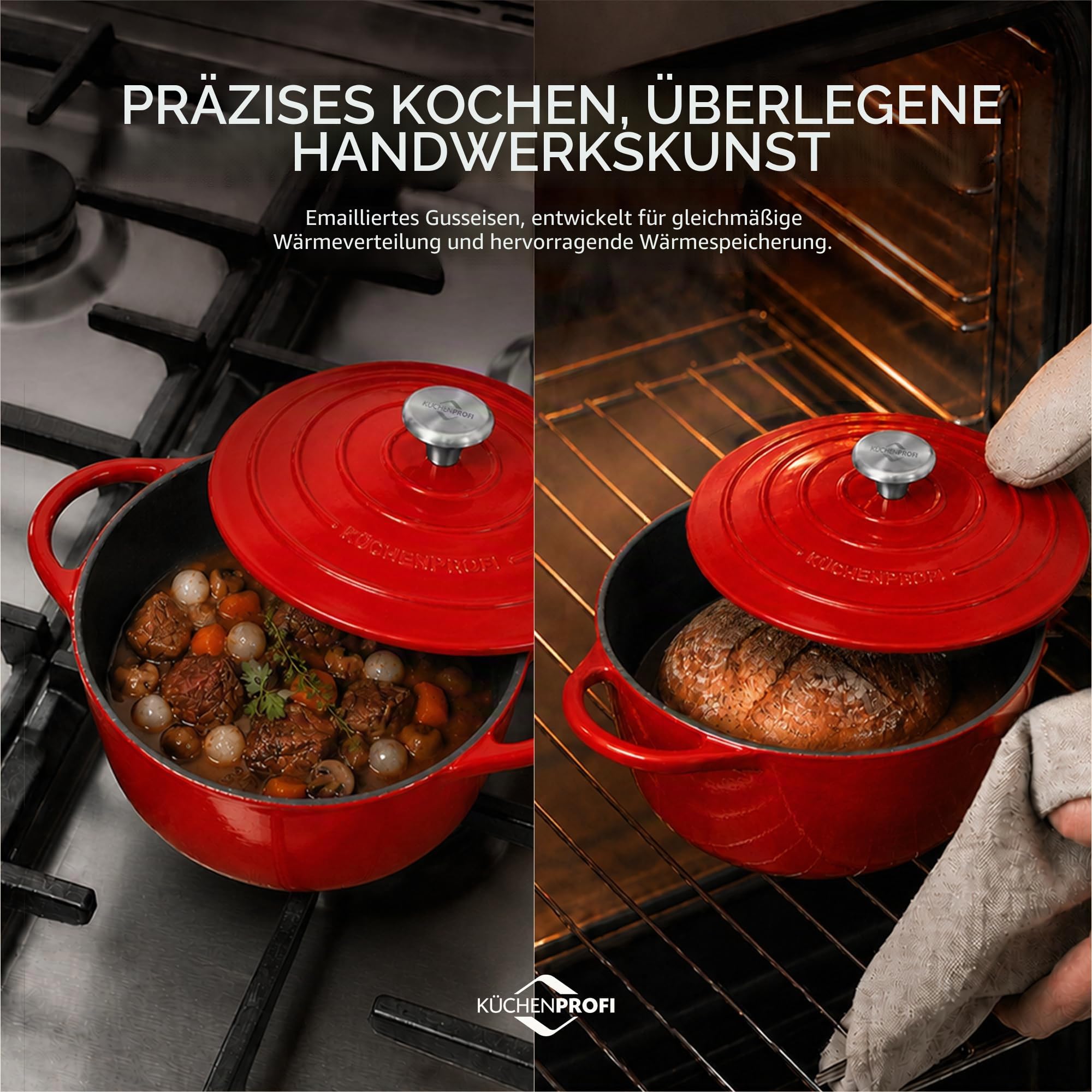 Küchenprofi Bratentopf Provence mit Deckel aus Gusseisen in der Farbe Rot Fassungsvermögen 4,2L, Maße: 24cm x 11,3cm, 04 0100 04 24