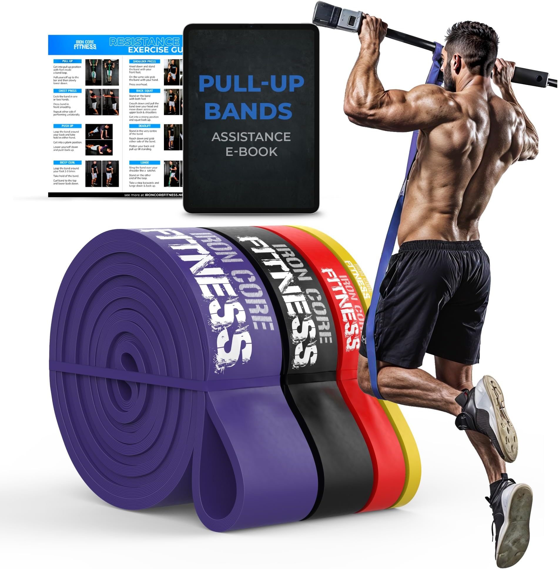 Pull Up Assistance Resistance Bands - Long Loop Power Bands for Men and Women - Strength Power Flexibility Training at Home & Gym - Ebooks & Workout Chart Included by Iron Core Fitness