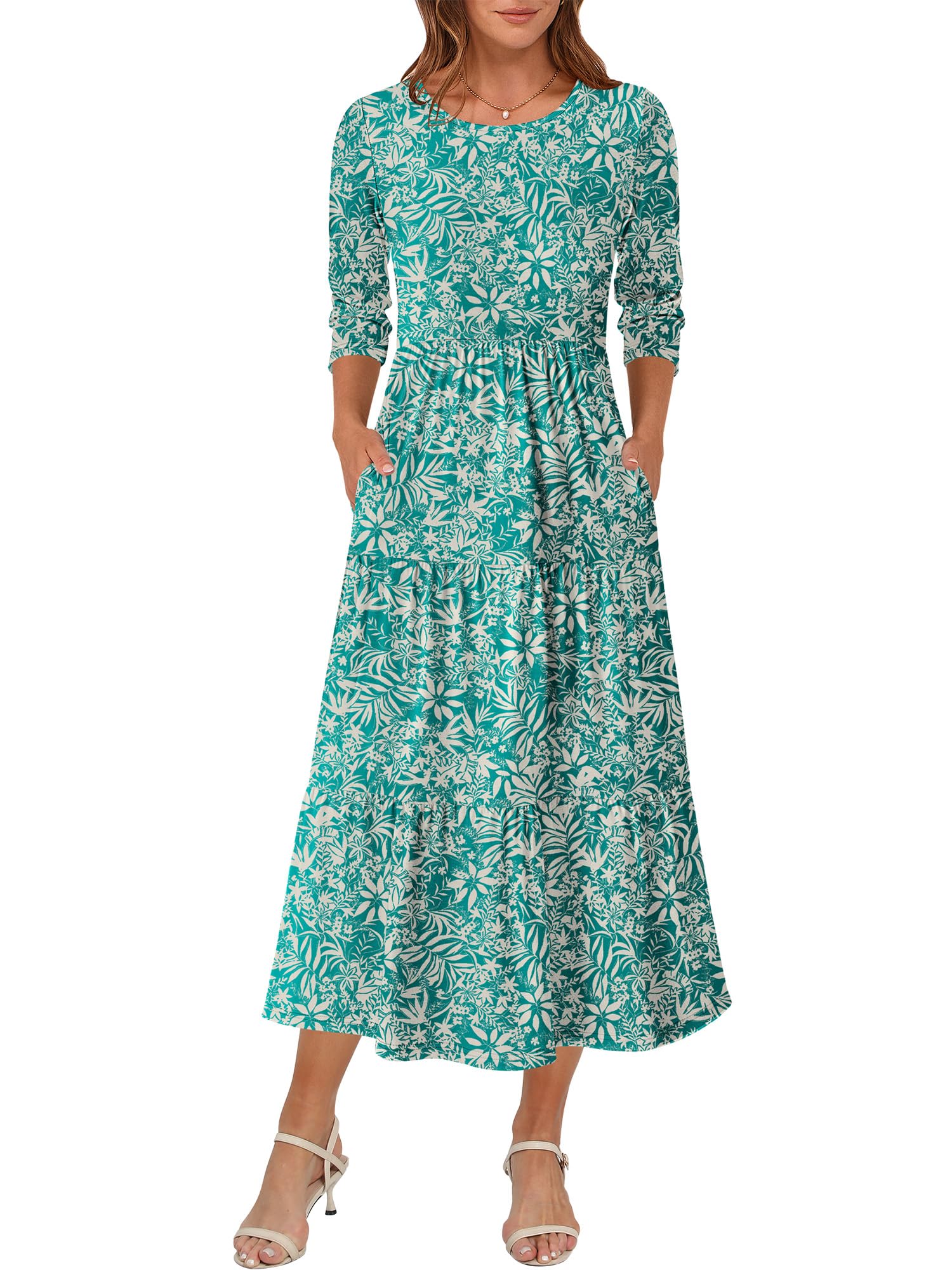 Prinbara Womens 3/4 Sleeve Casual Maxi Floral Dress
