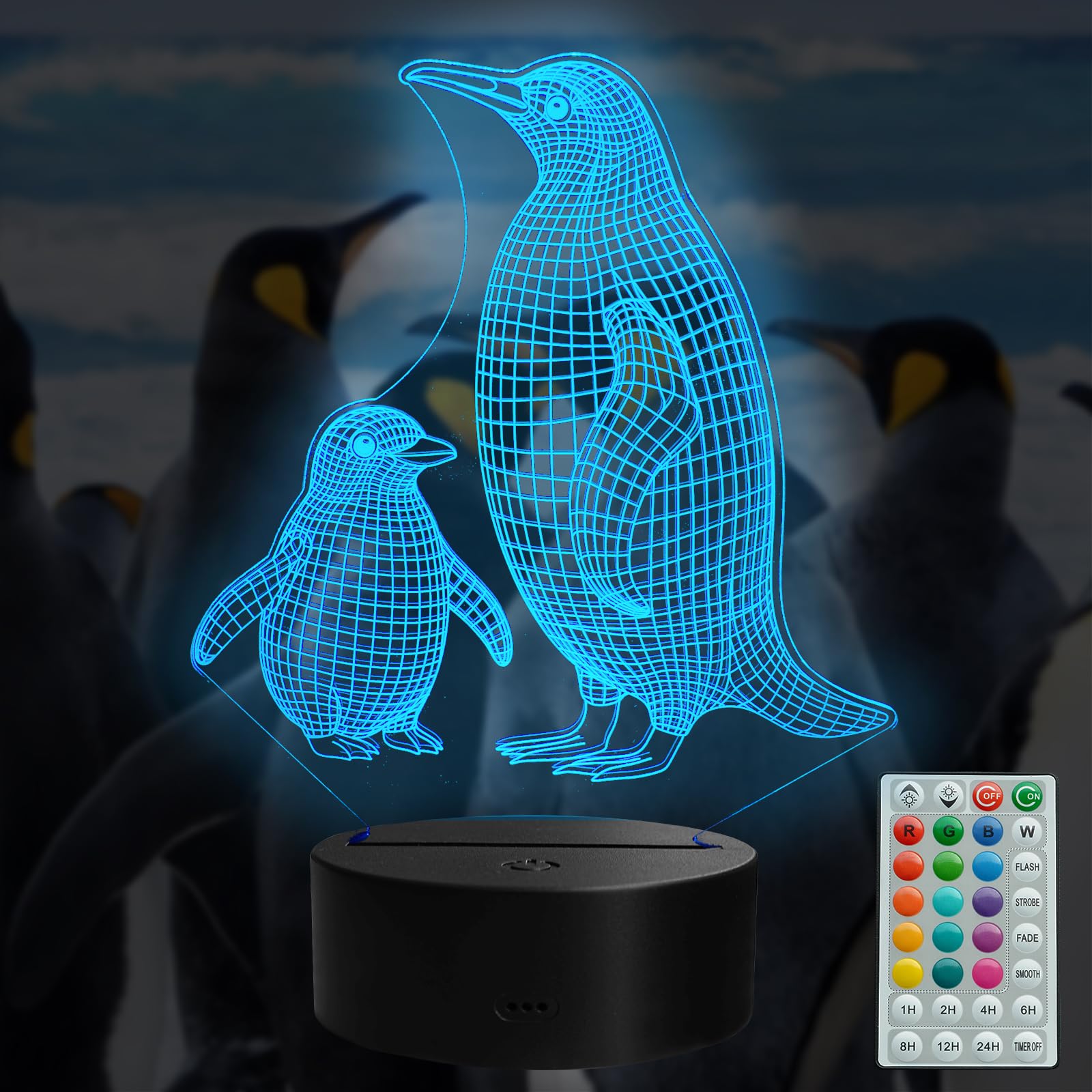 POSSHE Penguin Night Light, Penguin Gifts, 3D Illusion LED Lamp with 16 Colour Changing, Remote, Dimmer and Timer, Football Gift for Kids, Room Decoration