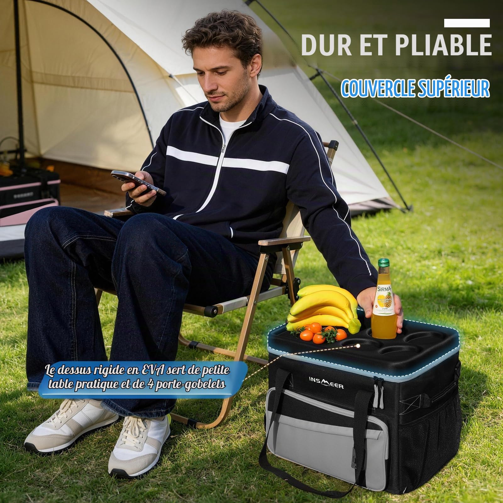INSMEER Glacière souple avec coque rigide et 2 porte-gobelets, sac isotherme 100 % étanche