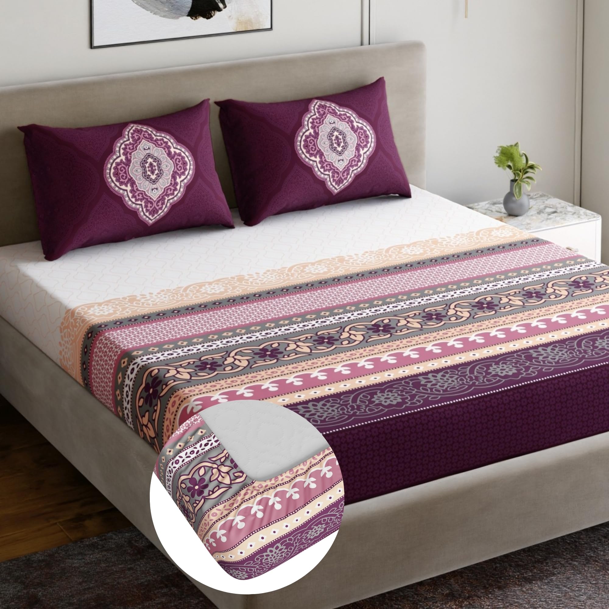 Dreamscape 100% Cotton Bedsheet with 2 Pillow Covers - (Size 72 x 78 inches, TC, Colour - Purple)-image-27