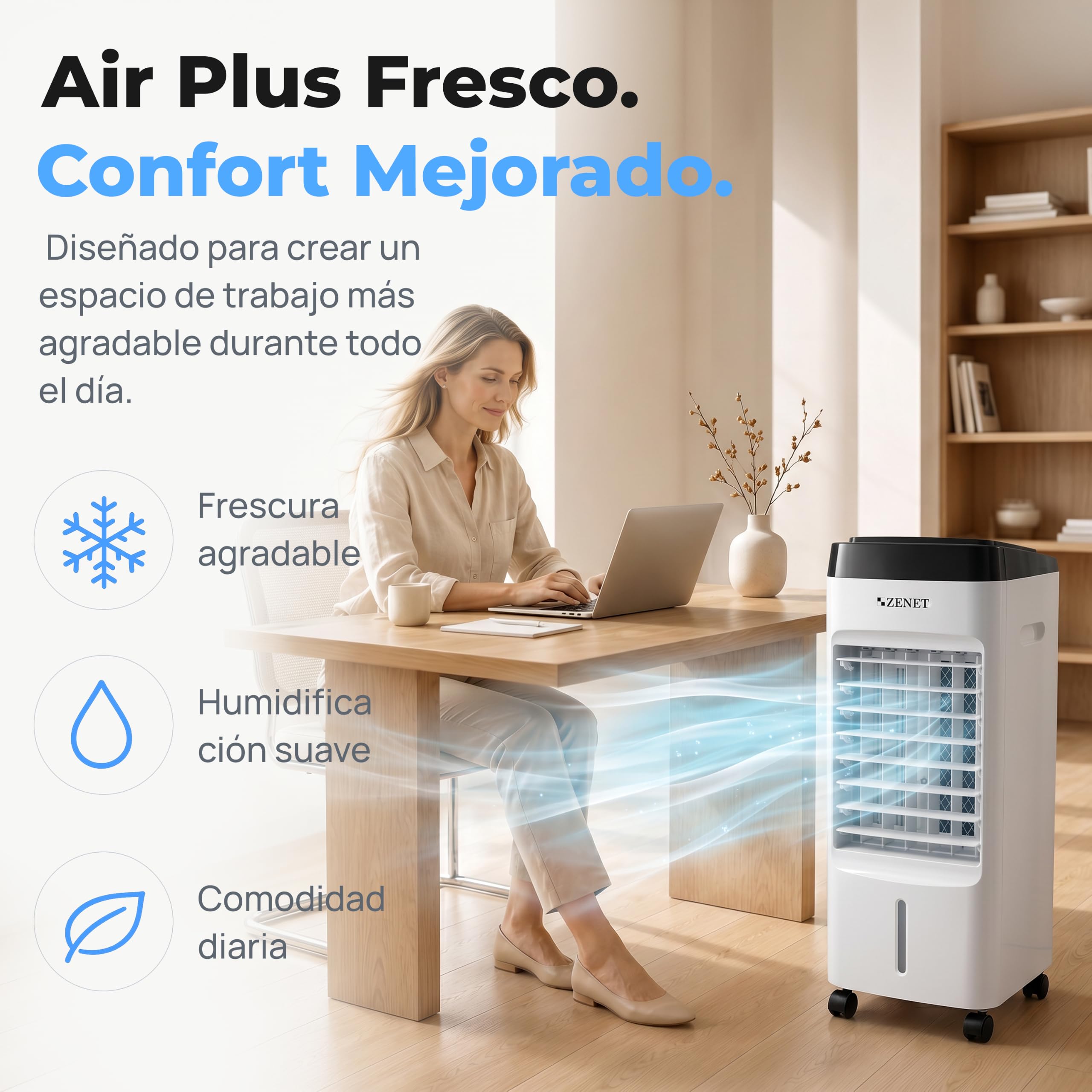 ZENET Aire Acondicionado Portátil 4 en 1, Climatizador Evaporativo 3.5L 65W | Ventilador con Agua, Enfriador, Humidificador, Purificador de Aire, Silencioso, Mando, para Hogar y Oficina, Sin Instalación