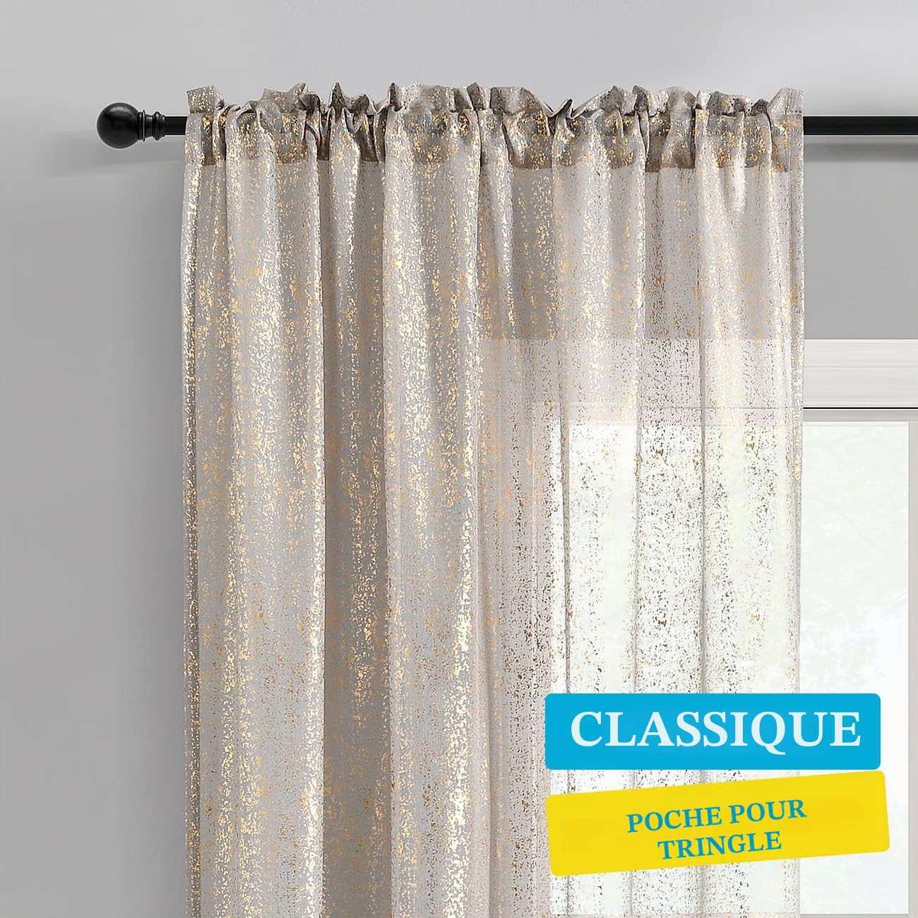 TERLYTEX Lot de 2 panneaux de voilages gris et dorés de 213,4 cm de long, voilages à paillettes en feuille d'or métallique pour salon, rideaux de fenêtre transparents avec passe-tringle, 132,1 x 213,4