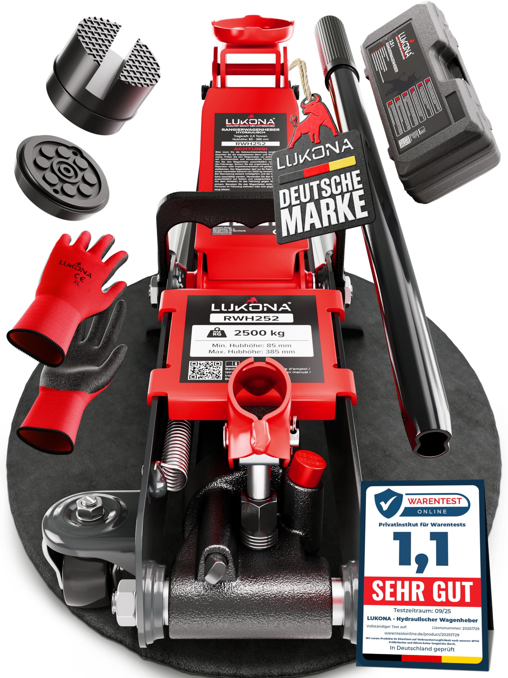 Hydraulischer Wagenheber 2,5T (85–385 mm) – Extra Tragegriff & Handschuhe – Rangierwagenheber für PKW, Auto (Rot)