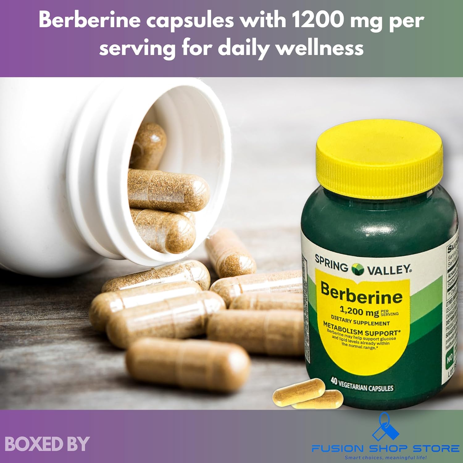 Berberine Metabolism Support- 40 Vegetarian Capsules, 1200mg (Pack of 2), Boxed by Fusion Shop Store