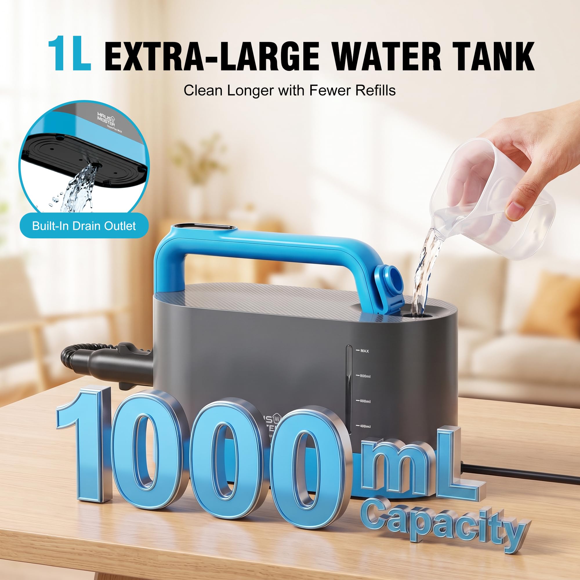 HAUS MEISTER Steamflex Max - Limpiador de vapor portátil de 1200 W para el hogar, tanque de 1 litro, accesorios para cocina, baño, azulejos, lechada, tapicería y ventanas