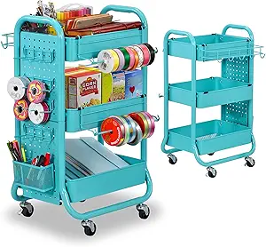 DESIGNA 3-Tier Utility Storage Rolling Cart with Removable Pegboard & Extra Storage Baskets Hooks, Metal Craft Art Carts for Gift Home Office, Teal