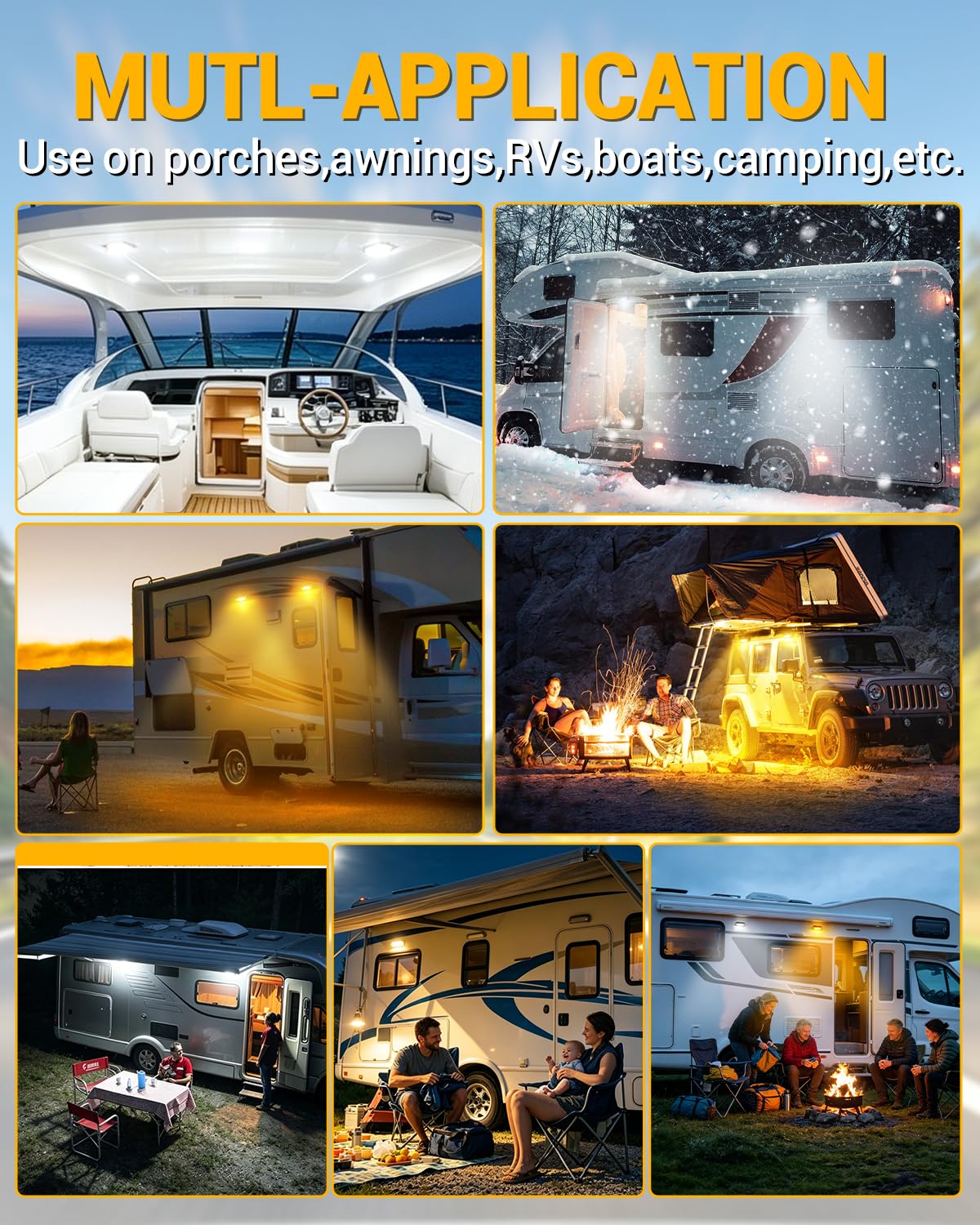 Eclairage Exterieur Camping Car Lampe LED Camping Car 12V Lampe pour Auvent Caravane Lumière 6500K Blanc et 3000K Jaune 800LM IP68 pour RV Van Bateau Camion 2 Pièces