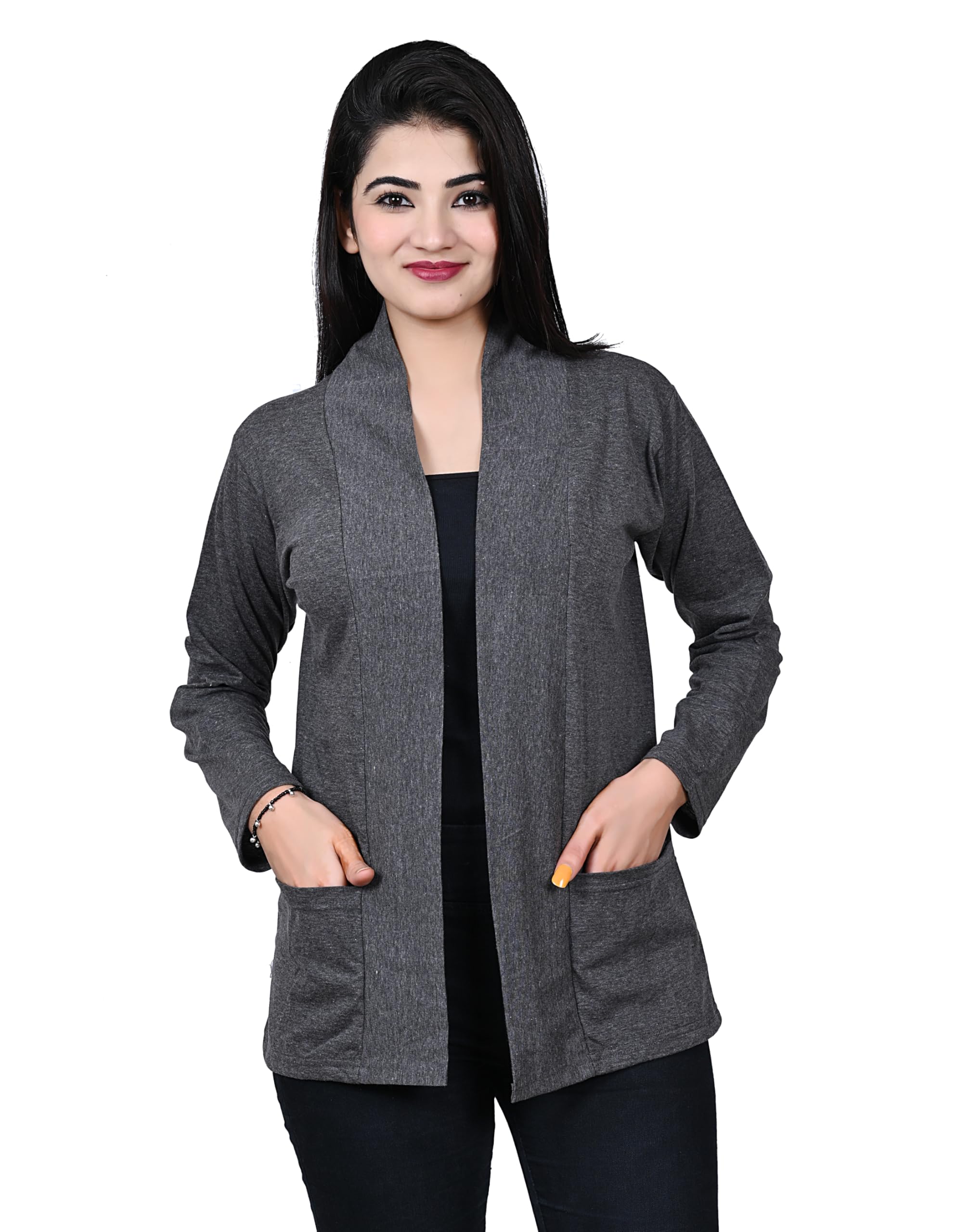 NPG TREND Women's Grey Full Sleeve Shrug, Jacket Style Open Front Cardigan with Pockets-picture-58