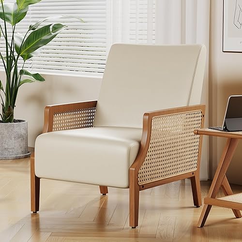 Miniatura 9 de Aklaus Juego de 2 sillas decorativas de mediados de siglo con reposabrazos de ratán, sillas tapizadas para sala de estar, sillas de lectura de tela,