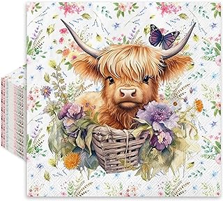 Whaline 80Pcs Spring Highland Cow Paper Napkin Watercolor Cute Cow Flowe...
