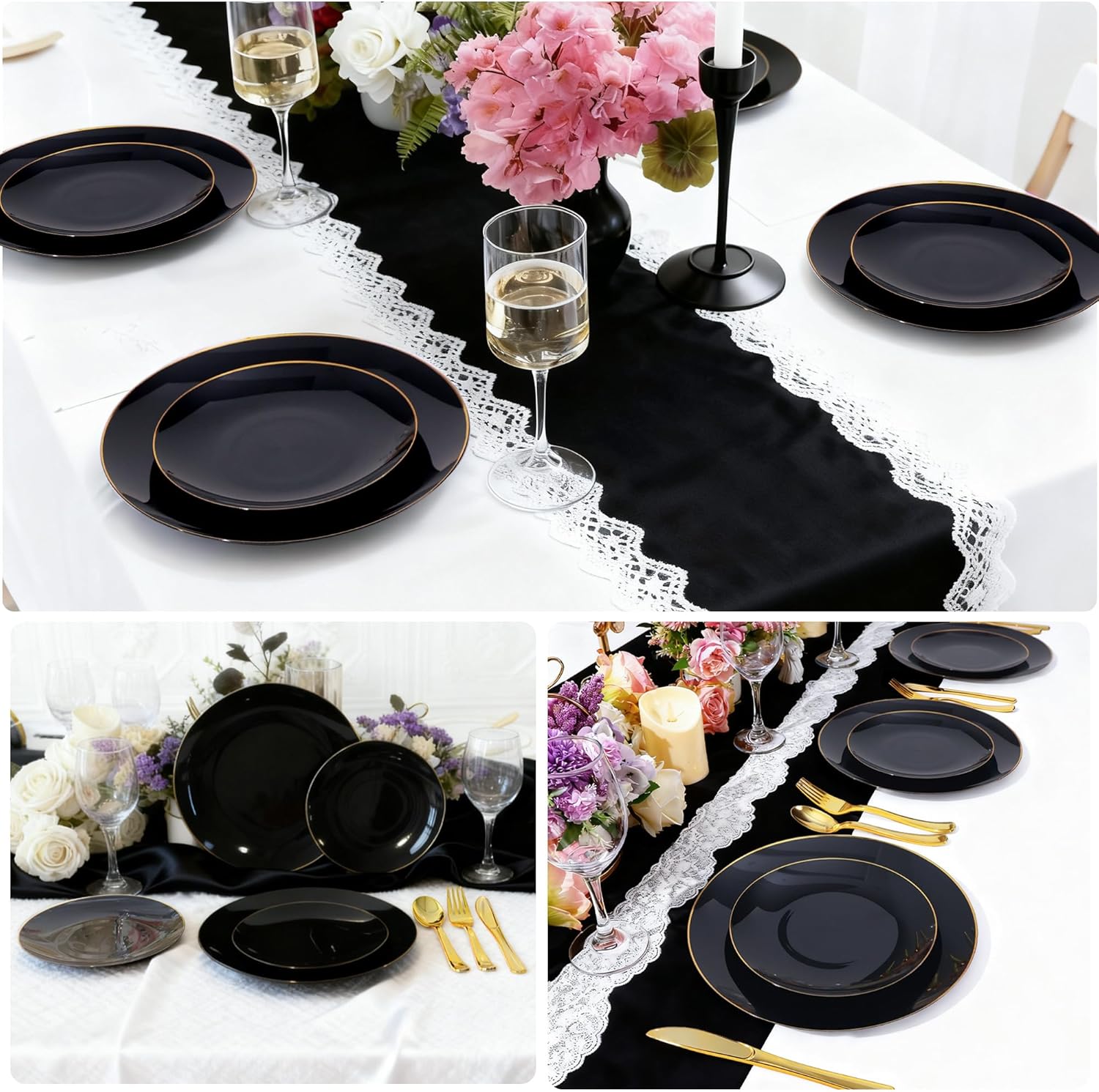 250PCS Black and Gold Plastic Plates,50 Guests Black Gold Plastic Dinnerware Disposable for Party and New Year,Include 50 Dinner Plate,50 Dessert Plate,150 Gold Silverware Set