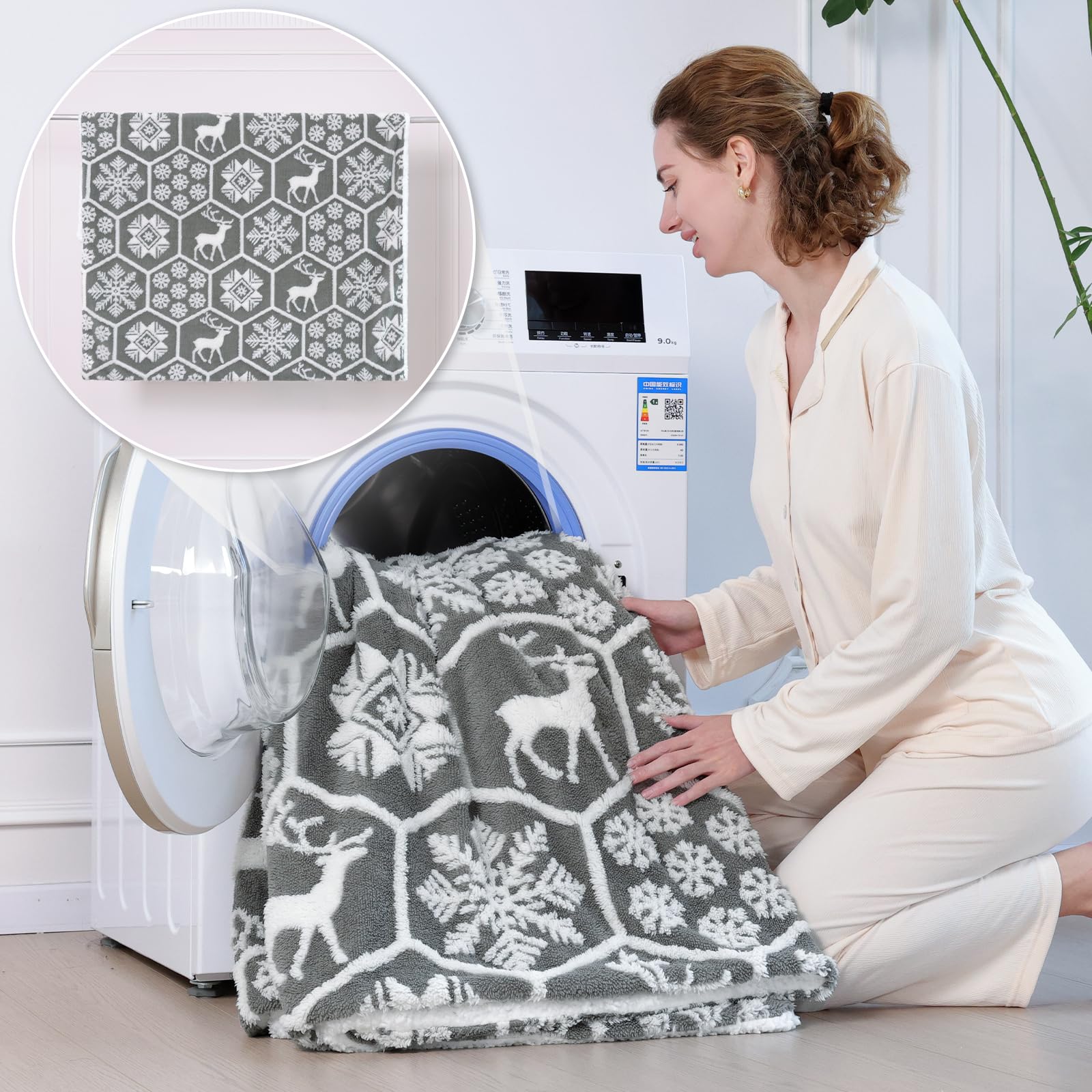 PanxHome Coperta Plaid Pile 200x230cm, 520GSM per Natale Con Renne e Fiocchi Di Neve, Pelosa per Letto Super, Blanket di Alta Qualità, Una Coperta di Natale per Tutti(Grigio)