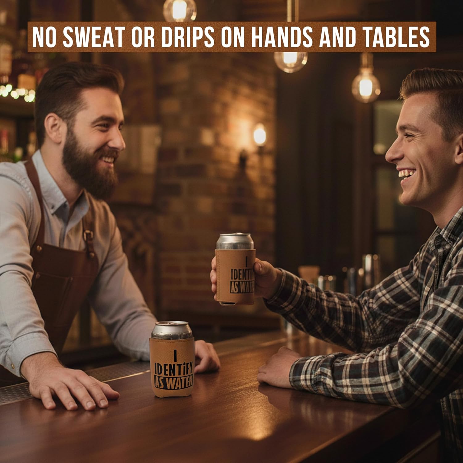 4E's Novelty I Identify As Water Designed 12oz Leather Can Cooler for Men, White Elephant Gift for Adults Funny, Dad Husband Boyfriend, Faux Leather Sleeve Insulated Holder - Image 3