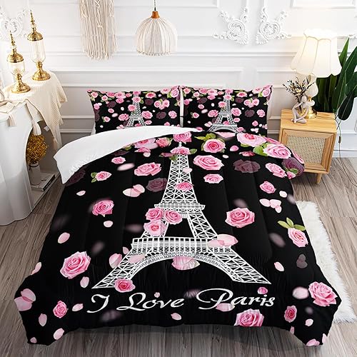 Juego de edredón de la Torre Eiffel, tamaño matrimonial, juego de ropa de cama de París rosa rosa para niñas, decoración temática romántica, juego