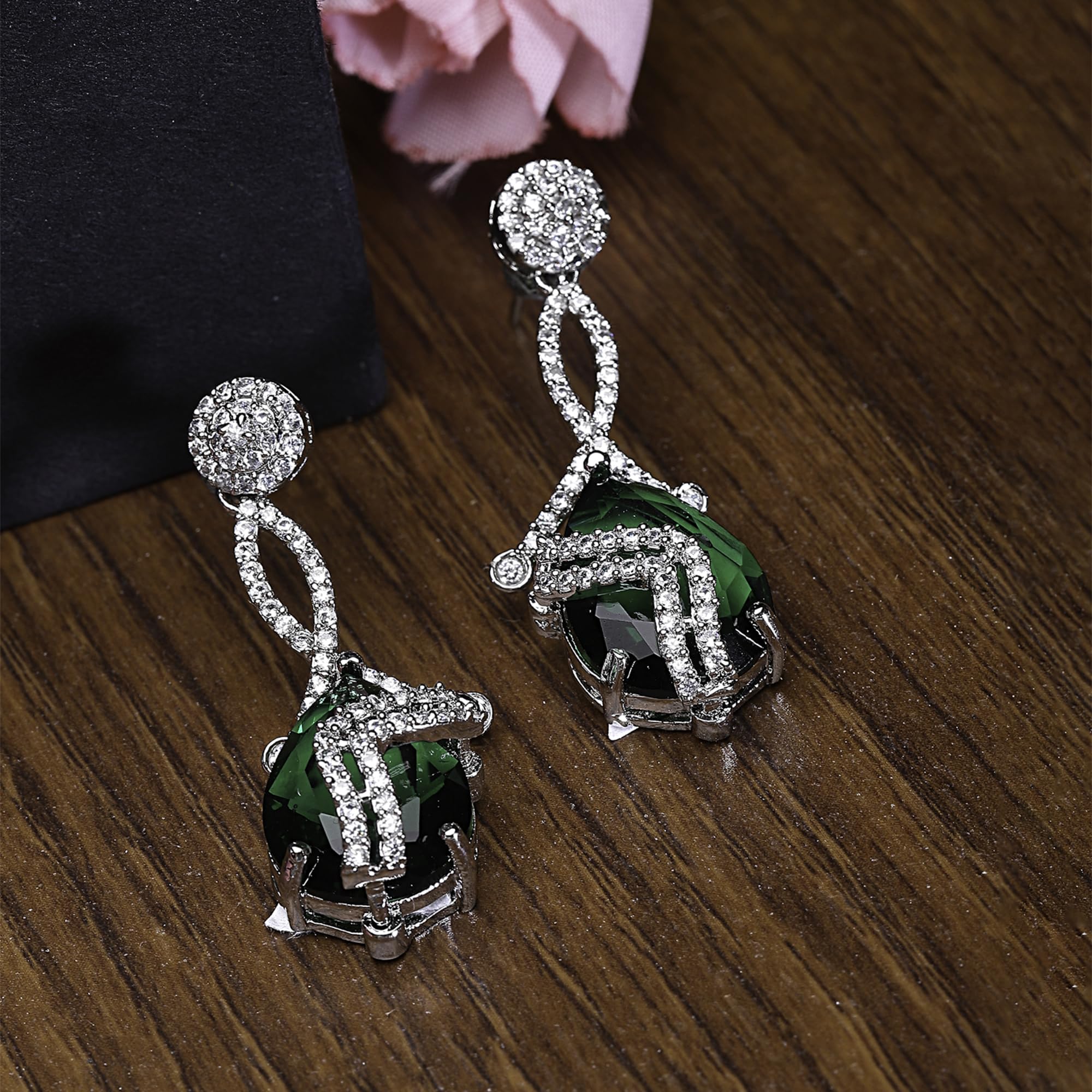 Rhodium-Plated American Diamond Drop Earrings