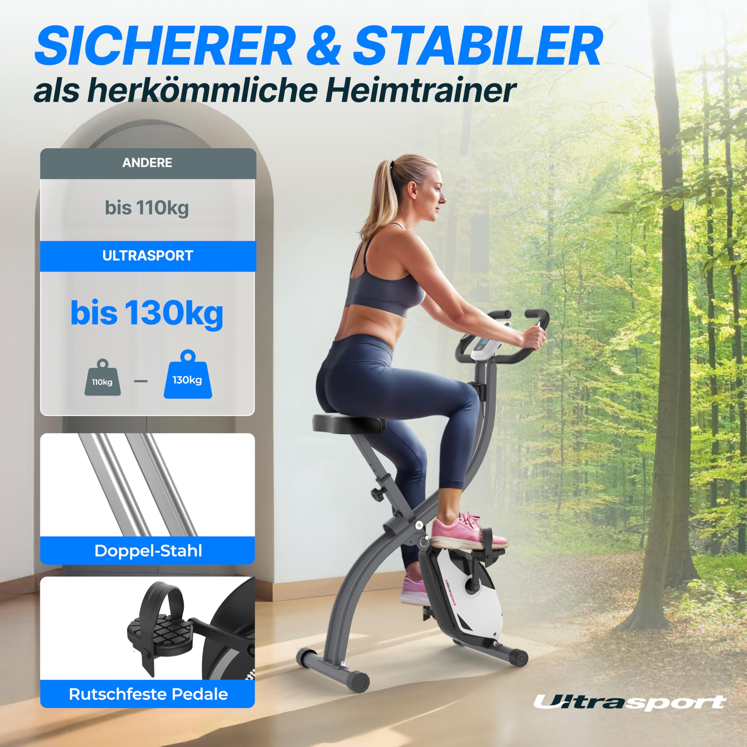 Ultrasport F-Bike 150, Fahrradtrainer, Fitnessbike, LCD Trainingscomputer, faltbarer Heimtrainer, Herzfrequenzmessung, 8 Widerstandsstufen, max utzergewicht 110 kg, Höhenverstellbarer, Silber/Schwarz