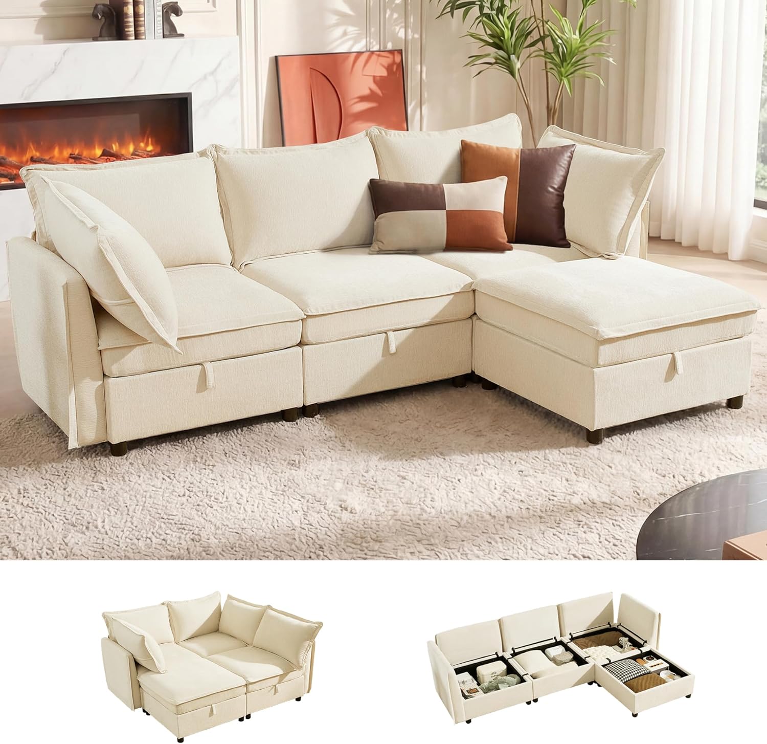 WorthFurni Modular Sectional Sofa Couches for Living Room, Large Storage Couch with Washable Cover, Comfy L Shaped Deep Seat Couch Set for Apartment, Bedroom(4 Seater, Beige)