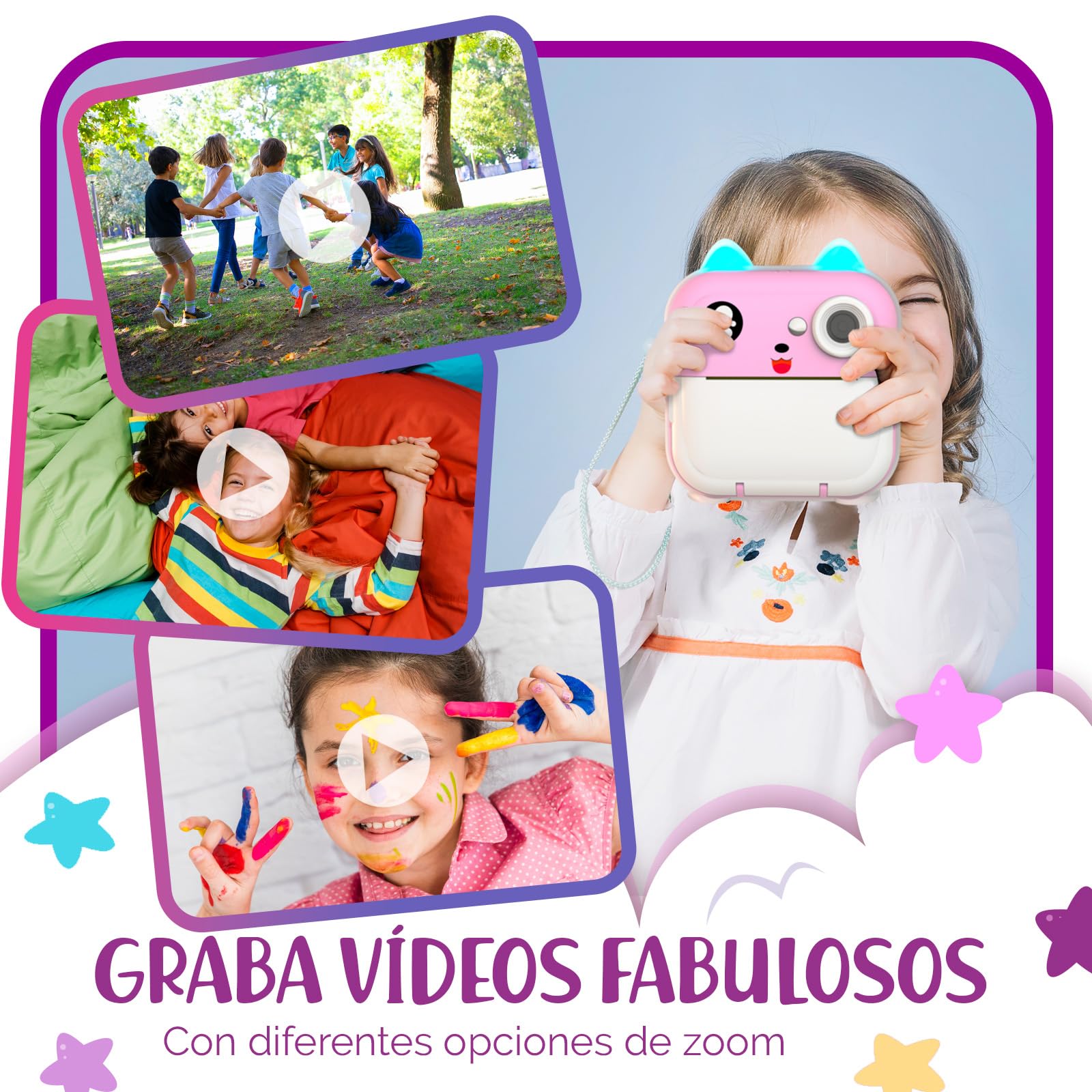 Camara de Fotos Instantaneas – Doble Lente de 48MP, Video 1080P, Impresión Térmica, 4 Rollos de Papel – Filtros Divertidos & Juegos – App Bluetooth, Tarjeta de 32GB – Regalo para Niñas & Niños - Rosa