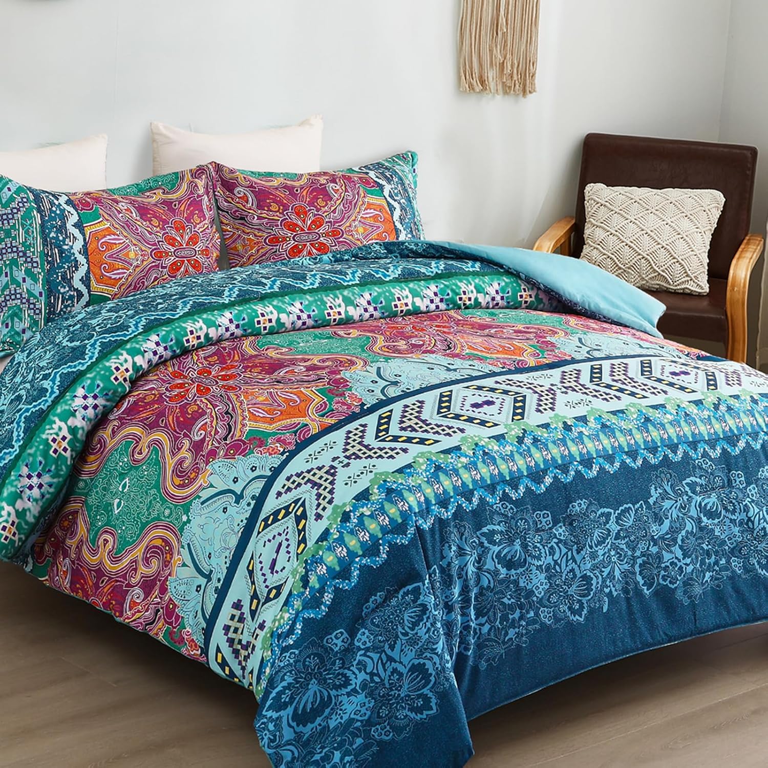 WONGS BEDDING Boho Comforter Set Queen Size,3 Pieces Bed in