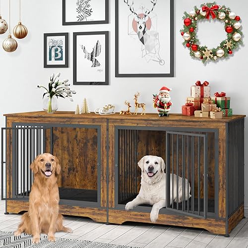 Miniatura 29 de Mueble doble para perros de 75 pulgadas, jaula 3 en 1 para perros grandes, soporte de TV gris duradero con bandejas y divisor, perrera doble