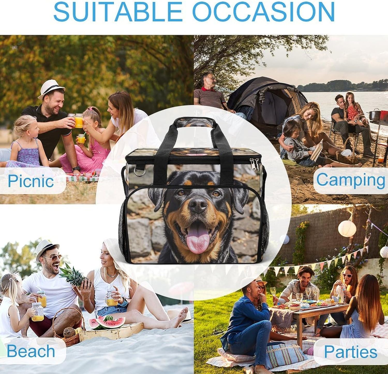 Insulated Picnic Backpack Tote Bag, Large Capacity 30L Rottweiler Dogs Tongue Head Cooler Bag Leakproof Beach Bags Portable Lunch Box Waterproof Picnic Basket for Beach Camping BBQ