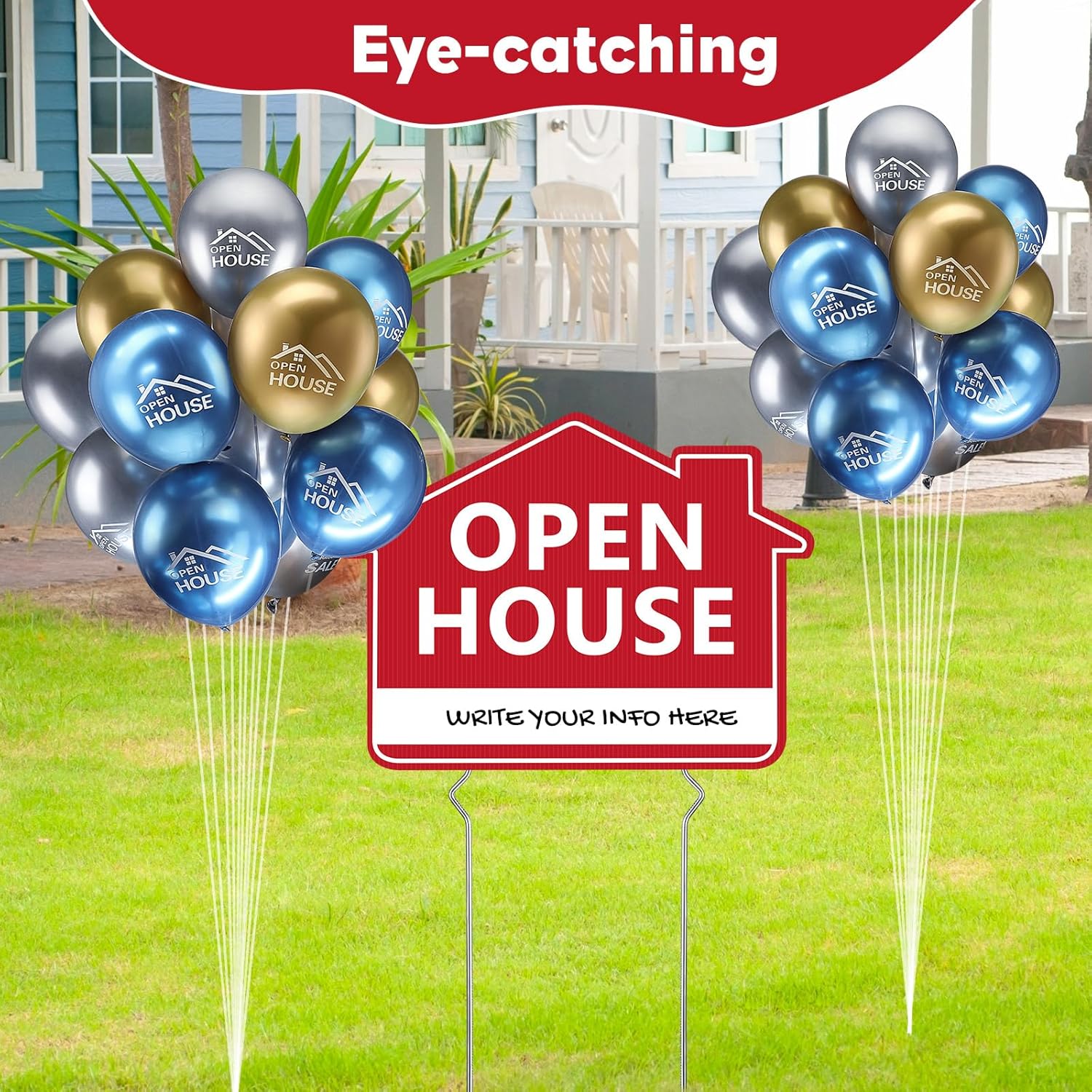 Beeveer 63 Pcs Open House Signs with Stakes for Estate Large Double Sided Estate Sale Yard Signs with 24 Metallic Balloons Markers Ribbons Directional Arrows Agent Supplies(12 x 16 Inch,Red)