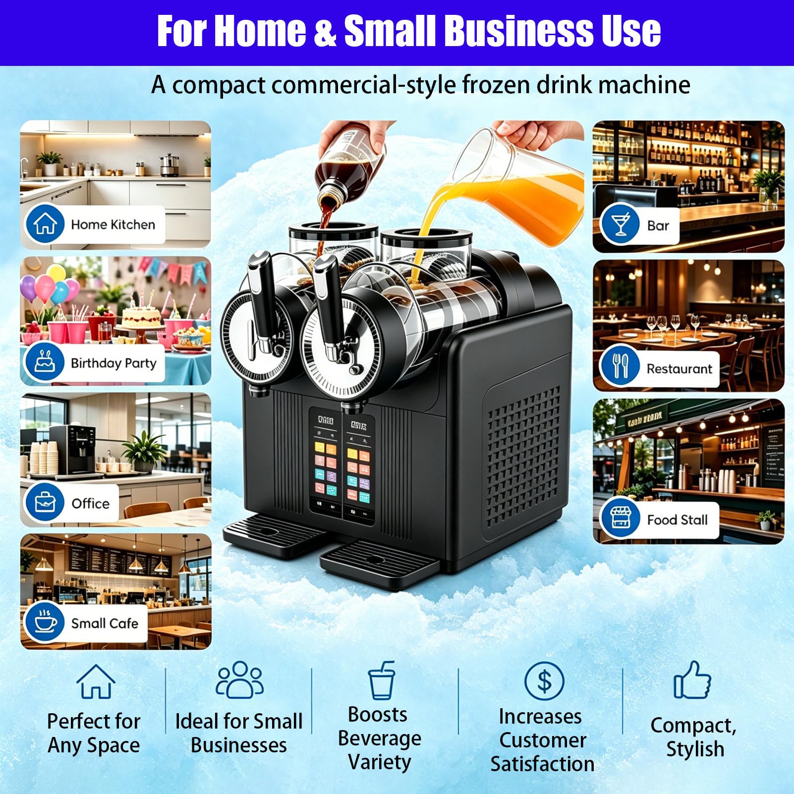 MáQuina Comercial De Granizados De 2 DepóSitos, Dispensador De Granizados De Pie con Led, con 7 Programas Preestablecidos Y Pantalla Led, Funcionamiento con Un Solo BotóN Black