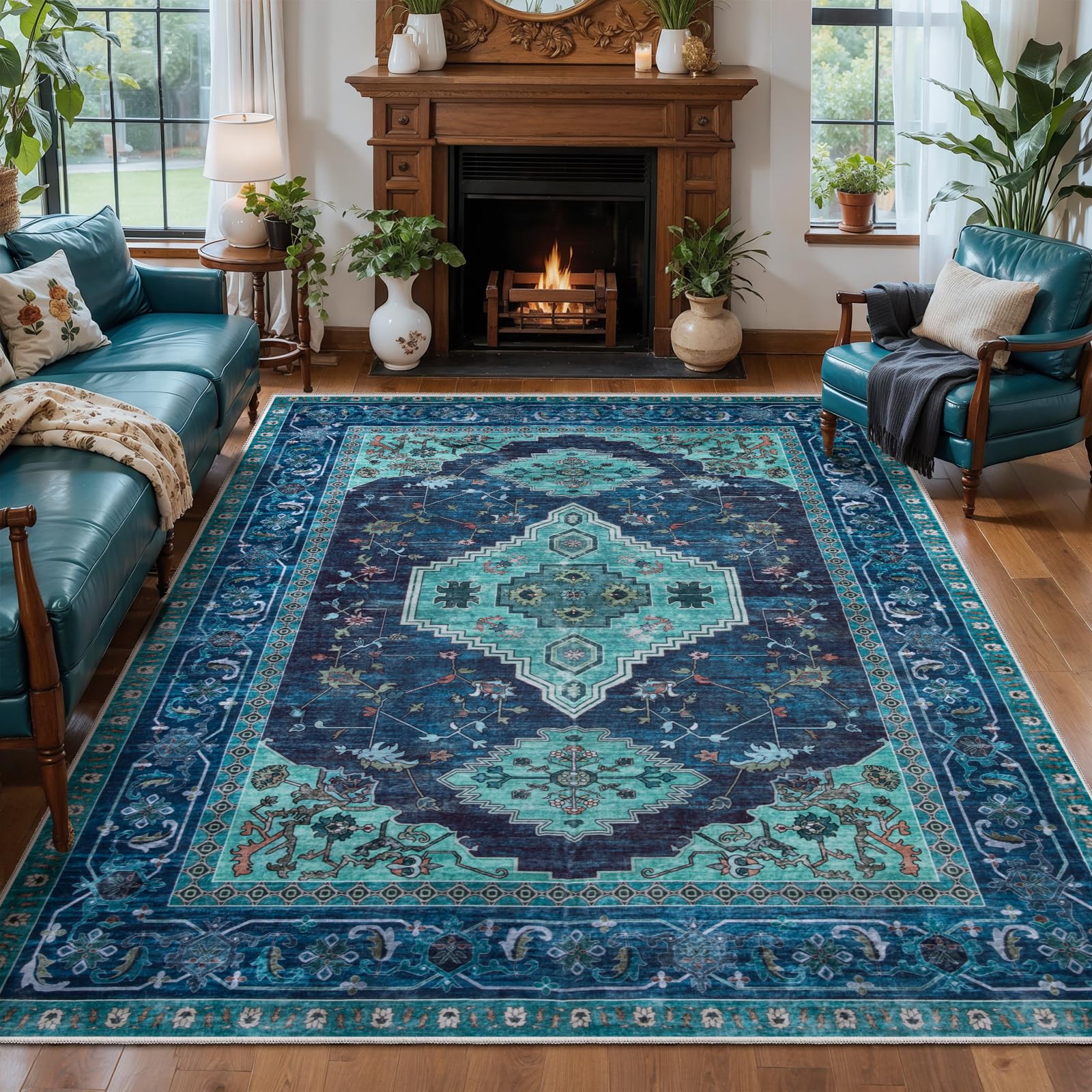 Tangsoo Teal 5x7 Washable Area Rugs for Living Room, Oriental Non Slip Rug