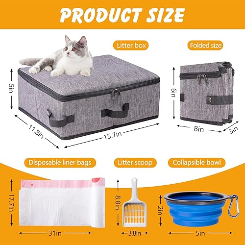 Travel Litter Box for Cats in Car with Lid and Cat Litter Scoop,Portable Cat Litters Case with a Bowl and 10 pcs Disposable Liner Bags,Leak-Proof and Collapsible