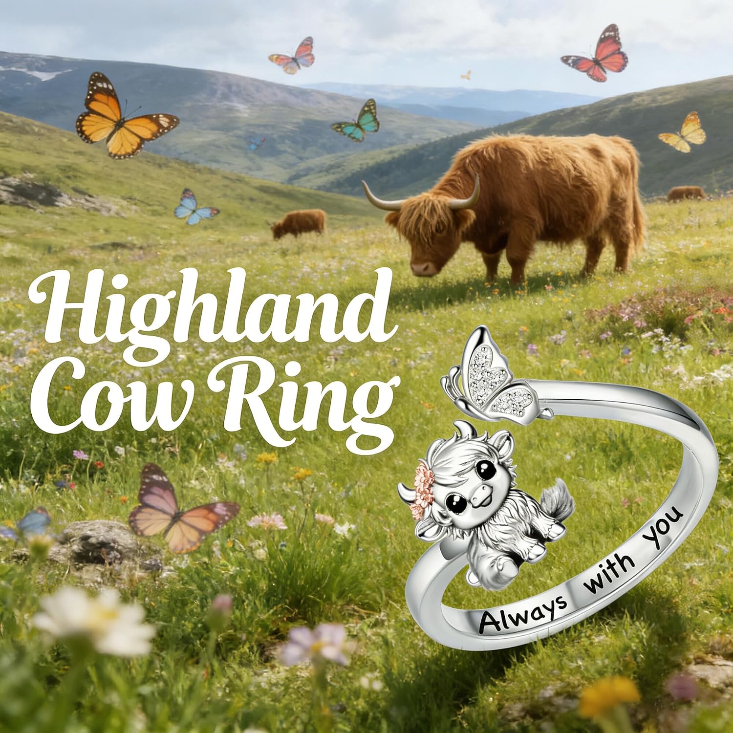 Highland Cow Ring 18K White Gold Plated Adjustable Open Ring Butterfly Highland Cow Jewelry Gifts for Women Mom Wife