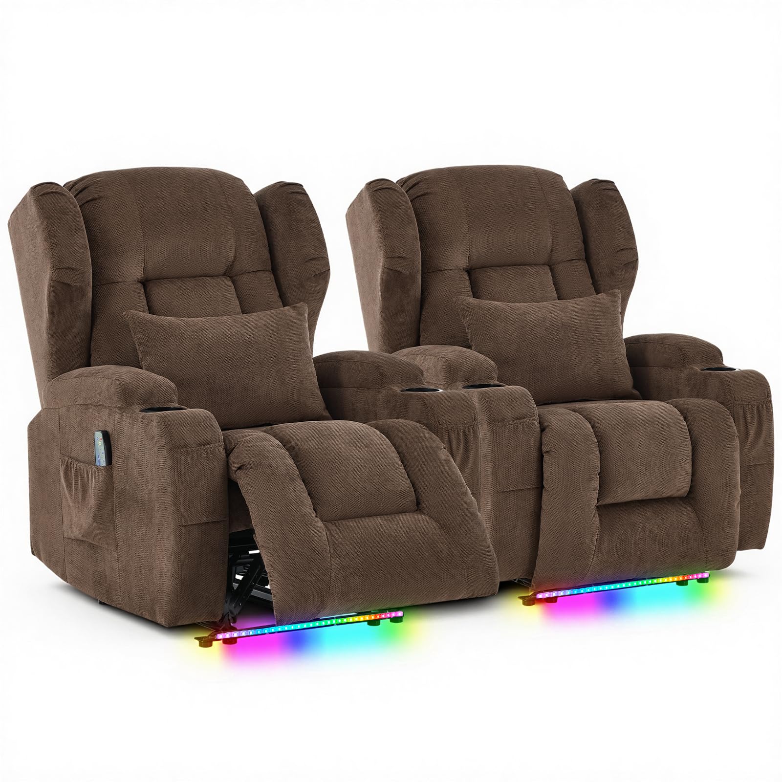 Oprisen Wall Hugger Power Recliner Chair Set of 2, Overstuffed Home Theater Seating w/Heat Massage Electric Movie Gaming Sofa Reclining Sleeper Chair with LED Light/Lumbar Pillow/Cup Holders