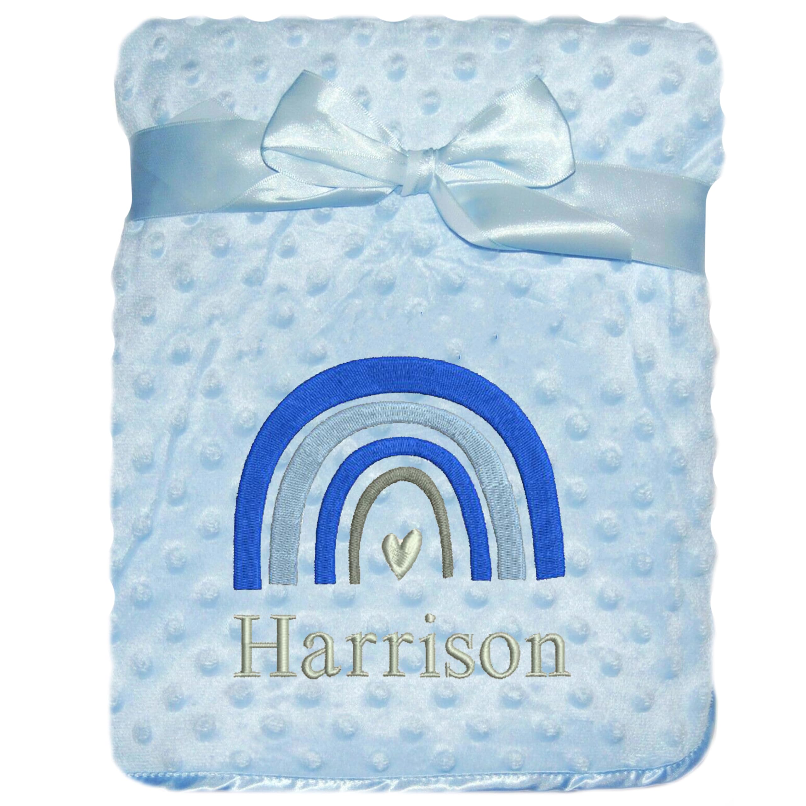 Personalised Baby Blanket Embroidered Rainbow and any Personalized Name Boys Girls Nursery (Blue Bobble)
