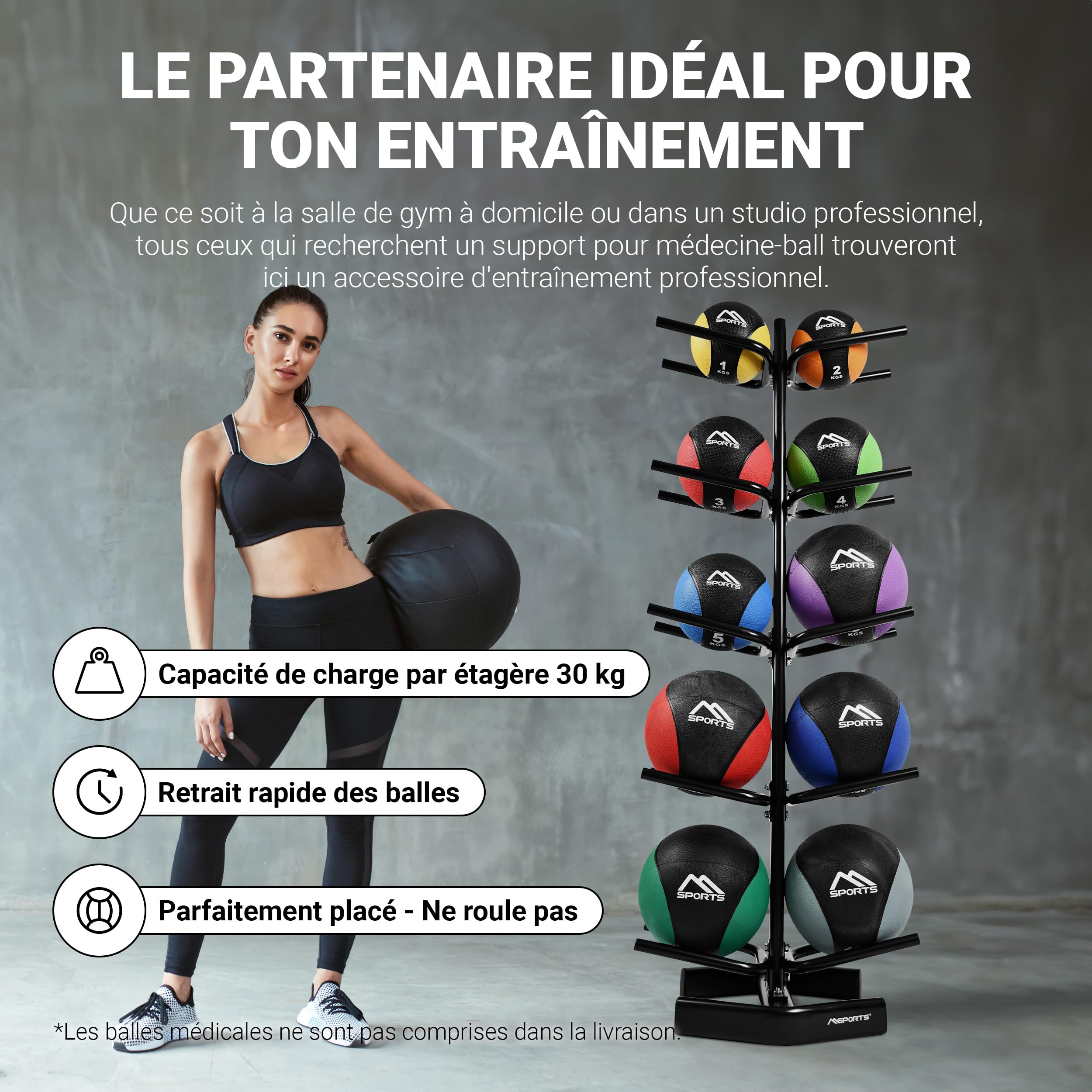 MSPORTS Étagère pour 10 balles de gymnastique ballon médicinal