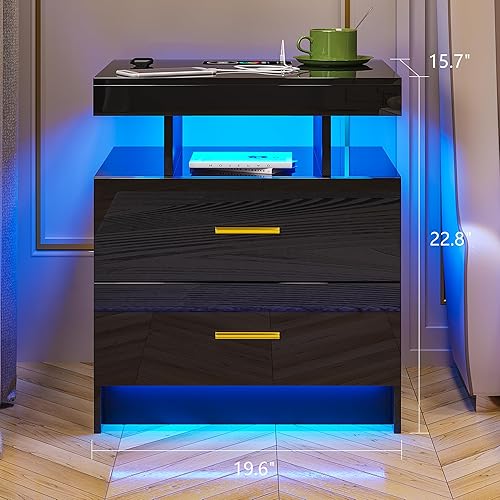Miniatura 2 de HNEBC Mesita de noche LED, RGB negro con estación de carga USBinalámbrica, moderna mesita de noche con sensor automático de luces RGB, mesa auxiliar