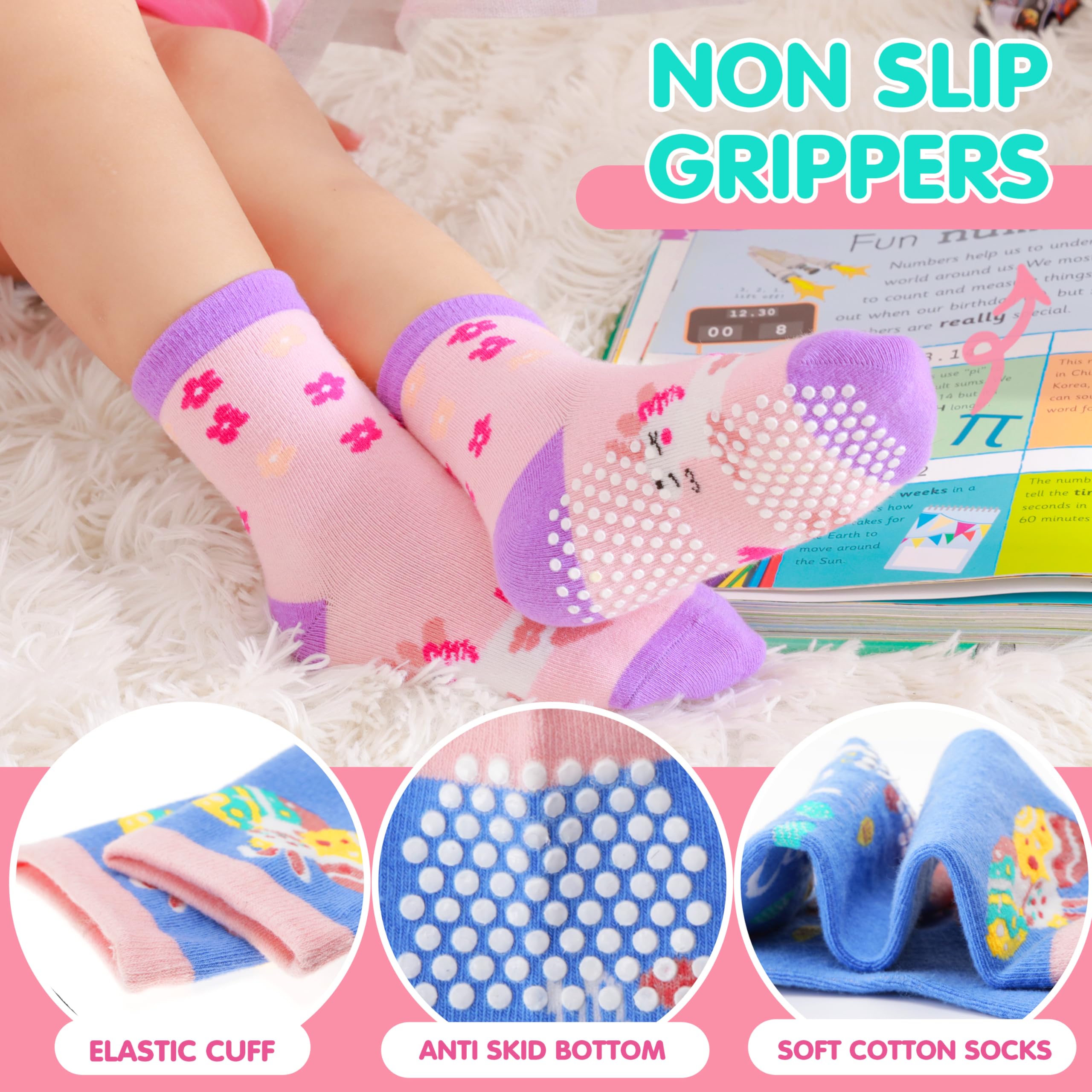 Welwoos 12 Pairs Baby Girls Toddlers Grips Socks Non Slip Funny Animal Cartoon Cosy Breathable Cotton Anit Skid Socks — view 4