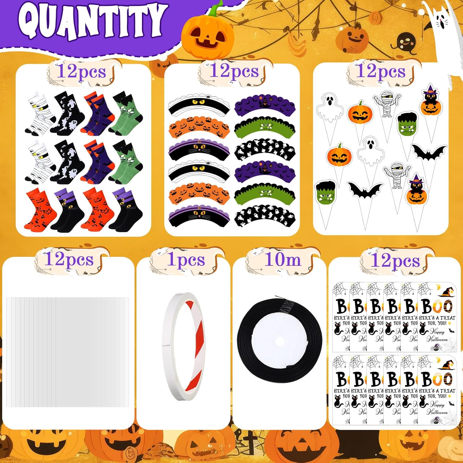 Foaincore 12 Pairs Halloween Socks Gift with Cupcake Decorations Packaging Halloween Theme Novelty Socks Bats Pumpkins Ghosts Print Stocking Spooky Basket Stuffers for Adult Men Women - Image 3