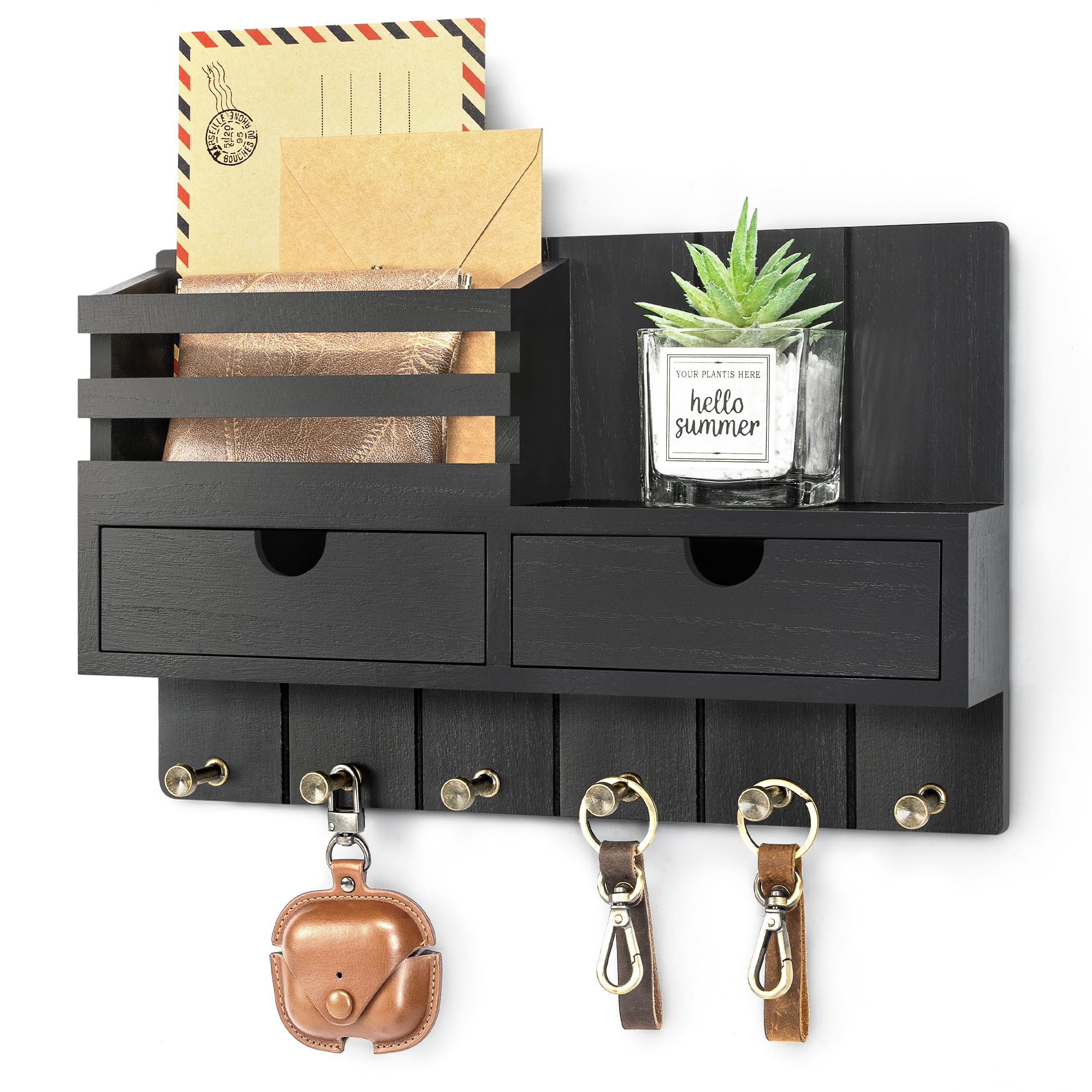 Soporte decorativo para llaves de pared con organizador de 2 cajones, organizador de correo moderno con 6 ganchos para llaves y estante, decoración del hogar para artículos esenciales de apartamento