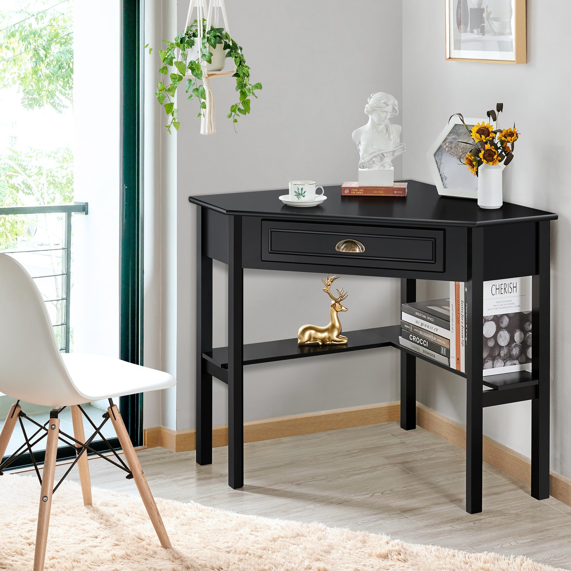 Yaheetech Bureau d'angle Poste de Travail Informatique Bureau en Bois avec Tiroir et Étagère de Rangement Design Classique et Élégant 106 × 71,5 × 76,5 cm Blanc