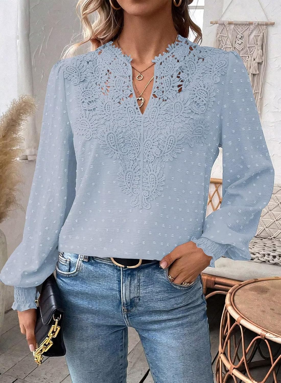 Womens Tops Swiss Dot Boho Long Sleeve Shirts V Neck Casual Chiffon Blouses Flowy Lace Hem Cute Clothing Trendy 2026 - Image 4