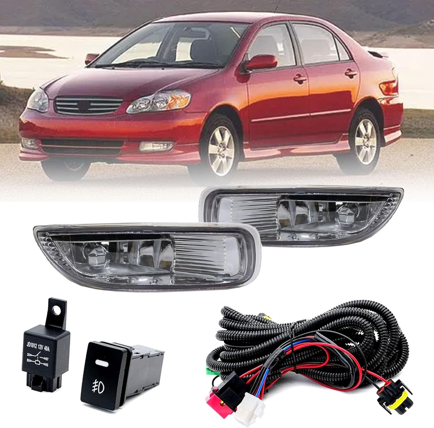 Fog Lights Assembly Driving Fog Lights Lamps Clear Lens Front Driving Lamps For Toyota Corolla 2003 2004 with H3 12V 35W Halogen Bulbs & Wiring Harness Kit 81220-02060 81210-02060
