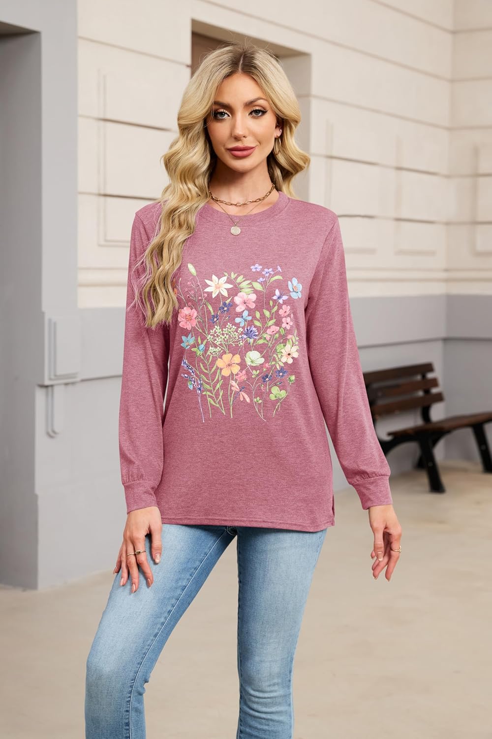 Women's Vintage Floral T Shirt Boho Wildflower Graphic Loose Tees Fall Long Sleeve Blouse Shirts Casual Tunic Tops - Image 3