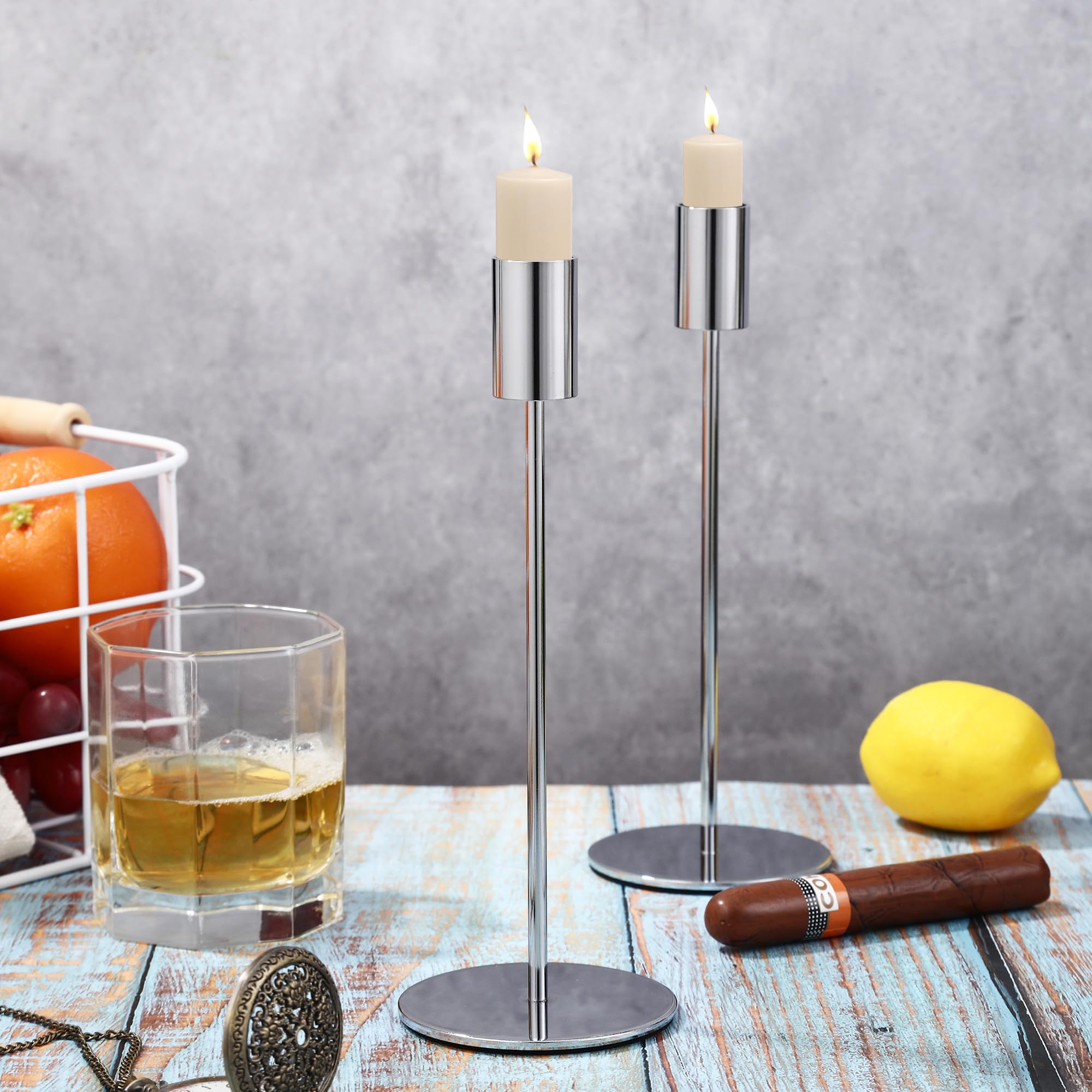 Candelabro in metallo a 6 pezzi, tre altezze 33/28/23 cm. Elegante decorazione elegante Portacandele per matrimoni, feste, compleanni, decorazioni da tavolo (Argento)
