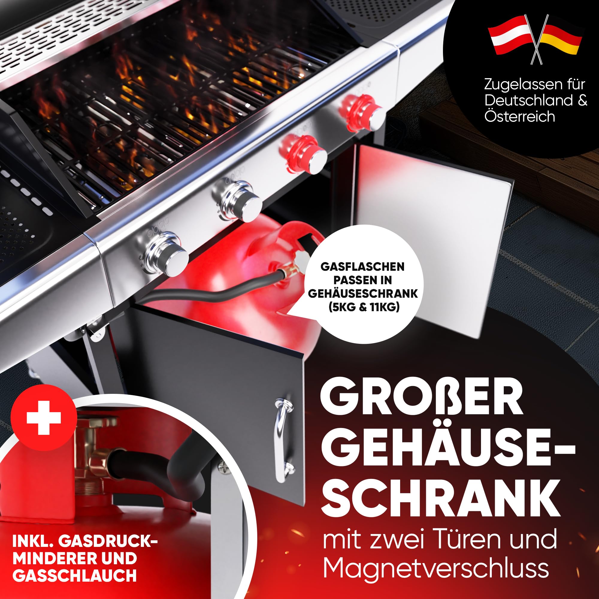 ProfiCook® Gas-grill für Temperaturen bis zu 450°C | 2 Power-Zonen | Roste aus echtem Gusseisen | Gasgrill 4 Brenner | Temperaturanzeige | Flaschenöffner | 4 Brenner | Gasgrill Balkon | PC GG 1311