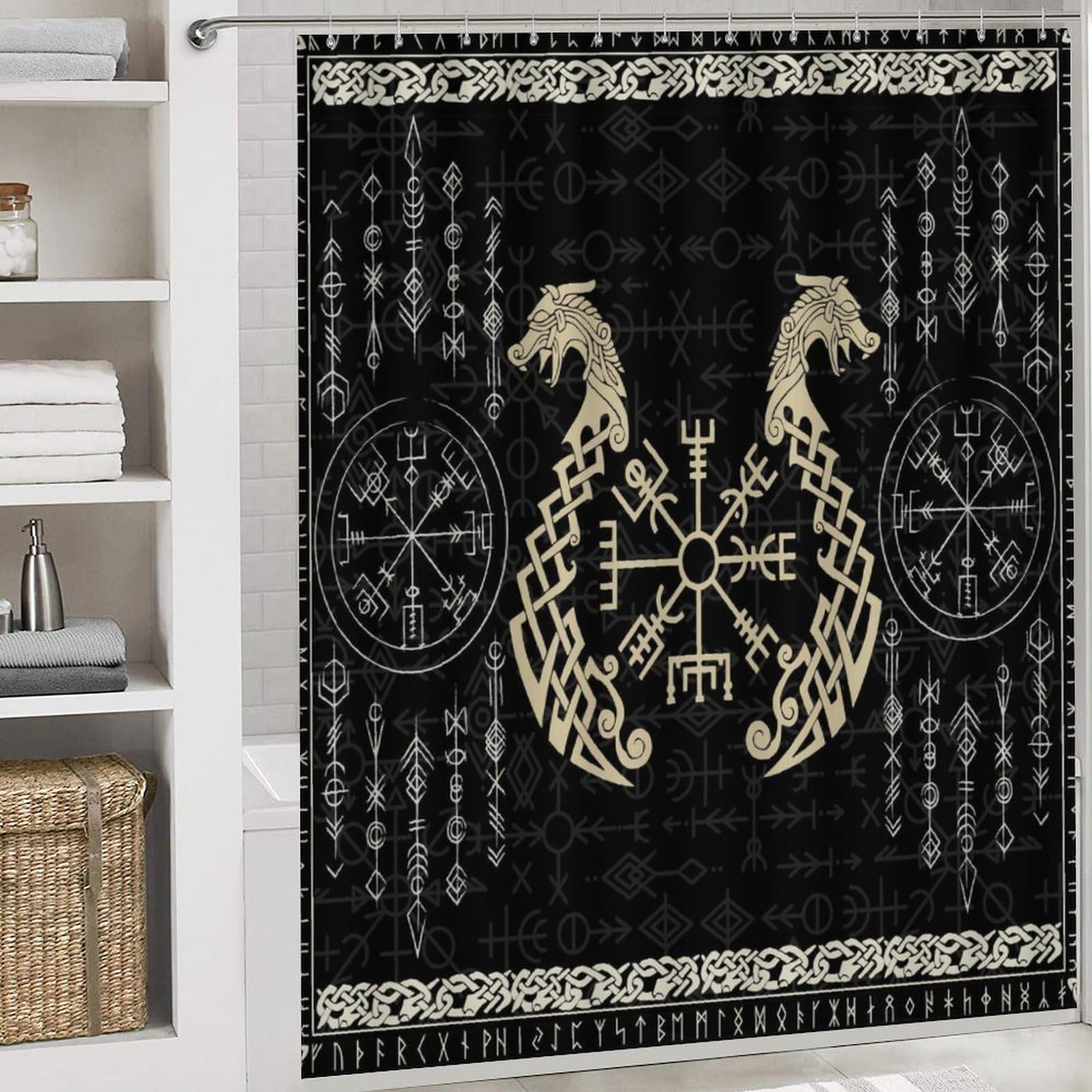 Norse Vikings Juego decorativo de baño de 4 piezas, dragón abstracto retro, símbolo místico, brújula, cortina de ducha con alfombra, 12 ganchos, 183 x 183 cm
