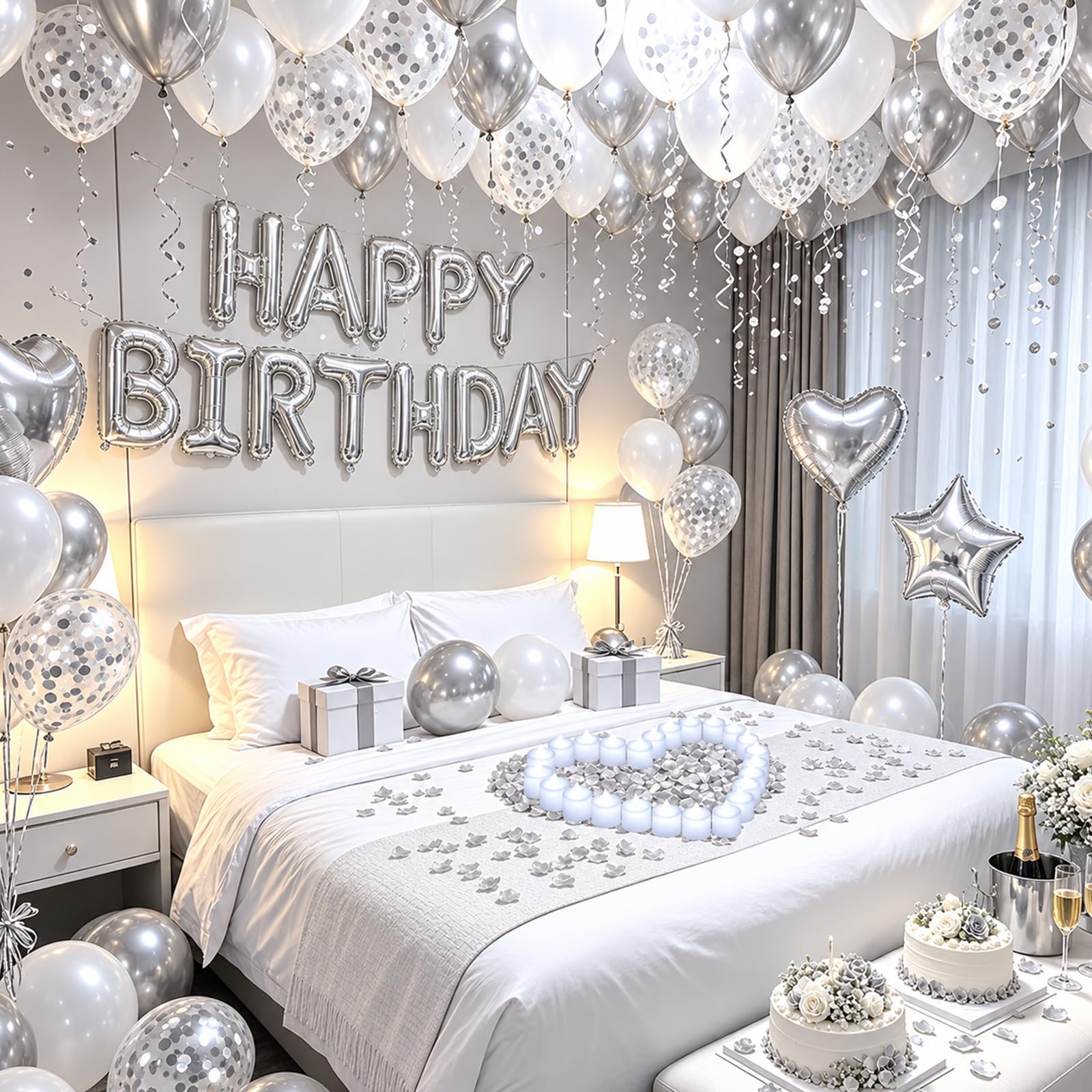 Globos plateados de feliz cumpleaños, decoración de globos de cumpleaños blancos y plateados con 6 globos de estrella, 400 pétalos de rosa artificiales, 24 velas LED sin llama para decoración de